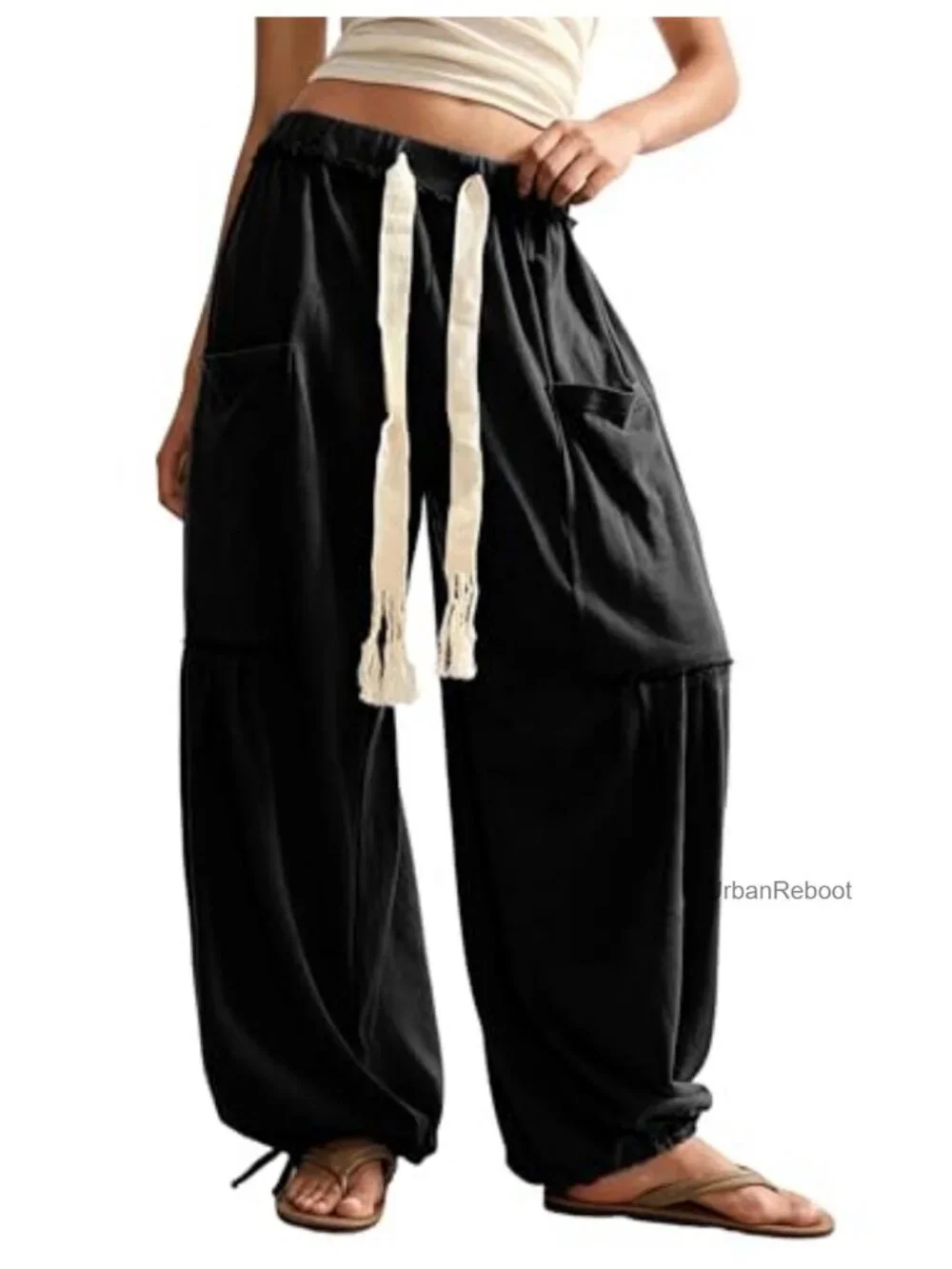 Baggy Wide Leg Harem Pants Drawstring Elastic Waist with Pockets